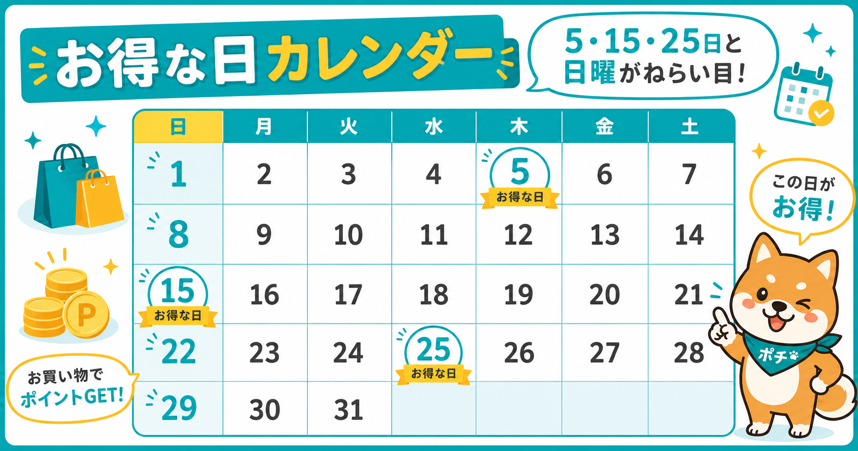 Yahoo!ショッピングのお得な日カレンダー。5・15・25日と日曜日がねらい目