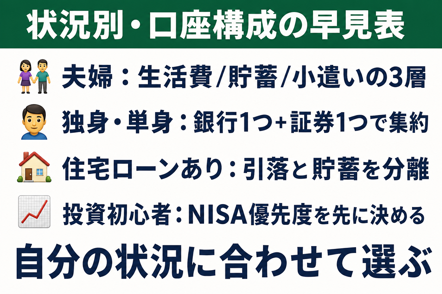 状況別の口座構成早見表・夫婦は3層分け・独身は銀行1つ証券1つ・住宅ローンありは引落口座を分離・投資初心者はNISA優先度を先に決める