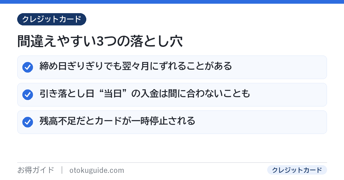 締め日引き落とし日でよくある3つの落とし穴 締め日ギリギリでも翌々月にずれる・残高不足・当日入金は危険
