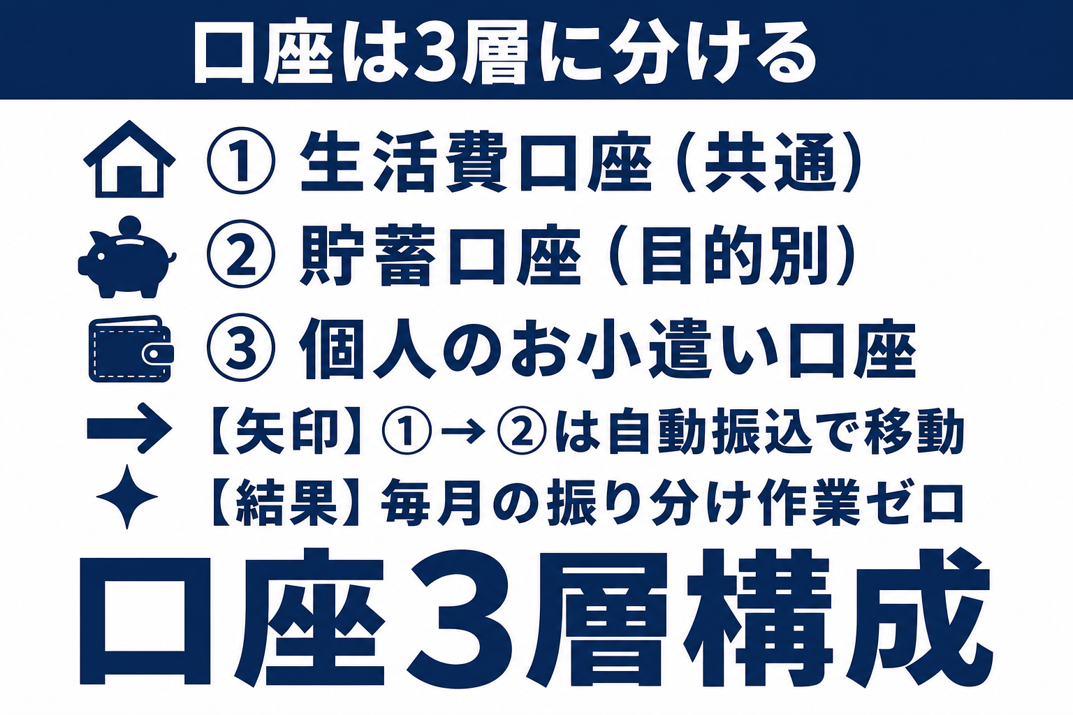 生活費・貯蓄・お小遣いの3層口座構成の図解