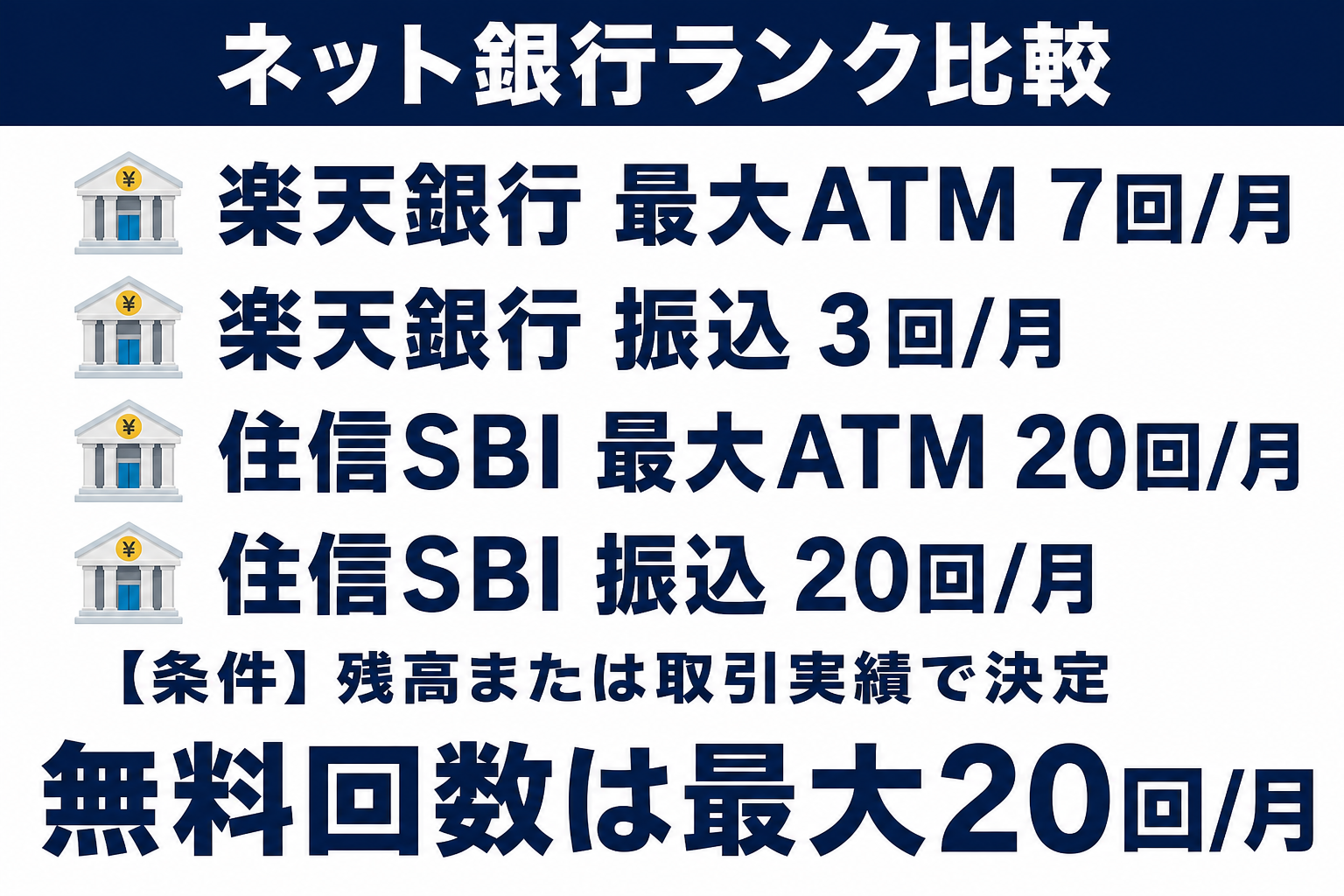 楽天銀行と住信SBIネット銀行のランク別ATM・振込無料回数比較図