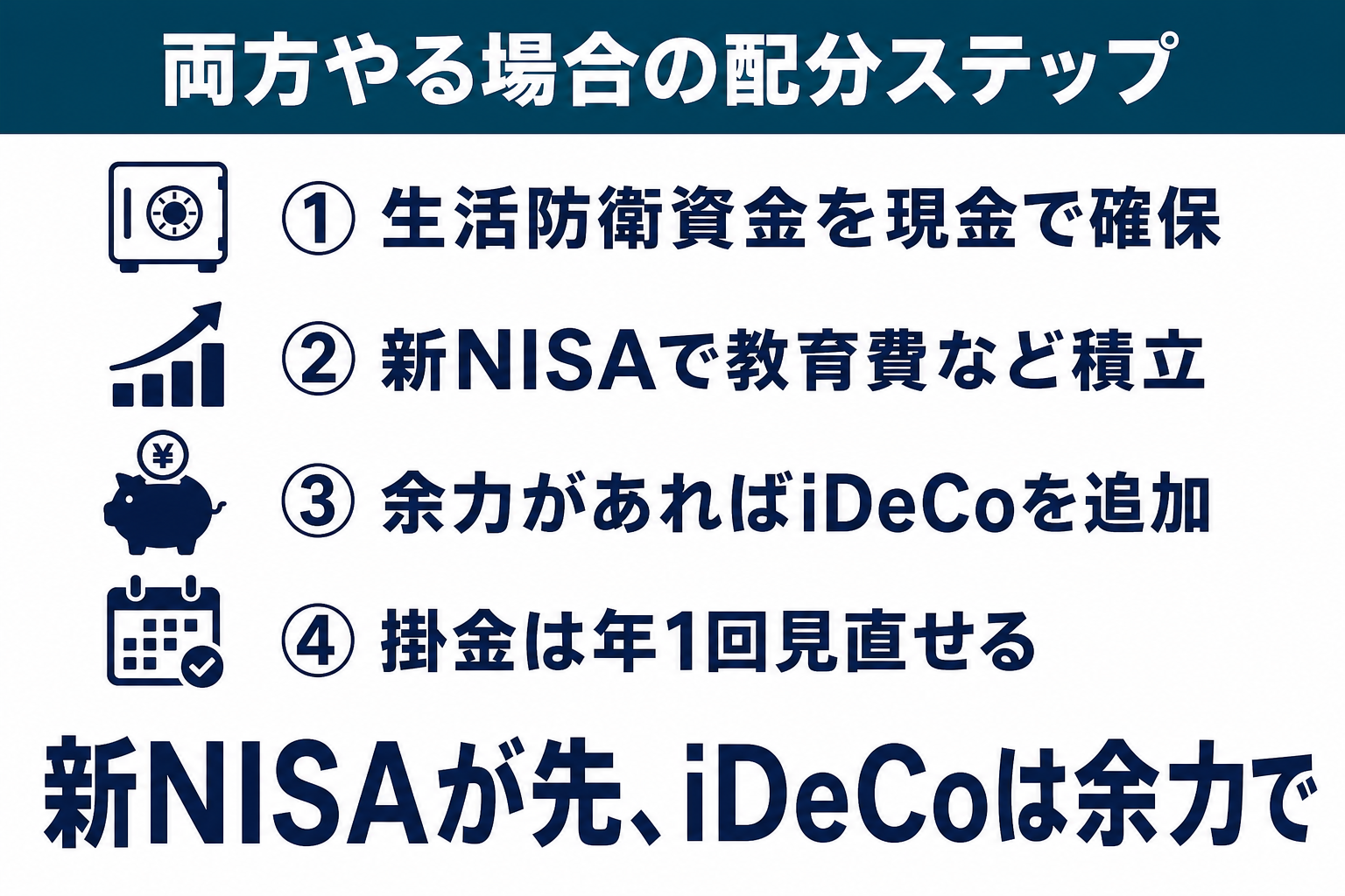 新NISAとiDeCoを両方やる場合の配分イメージ・生活防衛資金と教育費の目処がついてからiDeCoを追加する順番