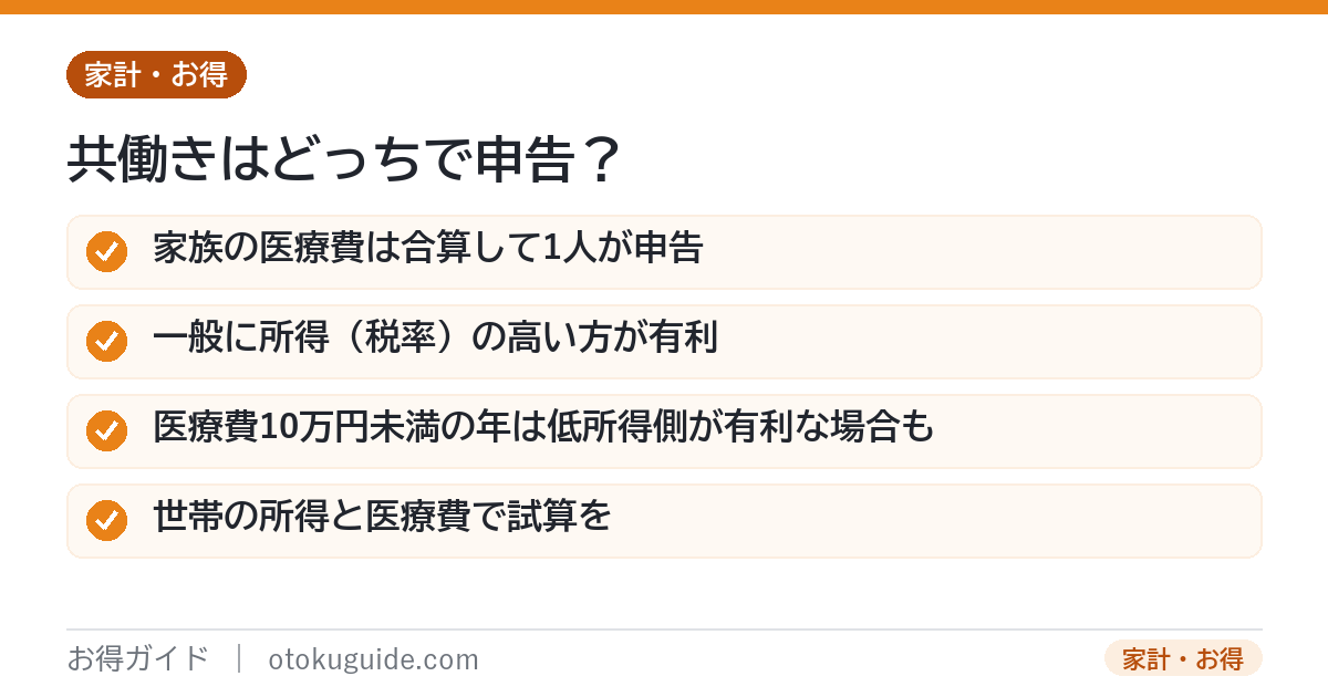 共働きの医療費控除は家族で合算して所得の高い方が有利な場合が多いが医療費が少ない年は低い方が有利なことも