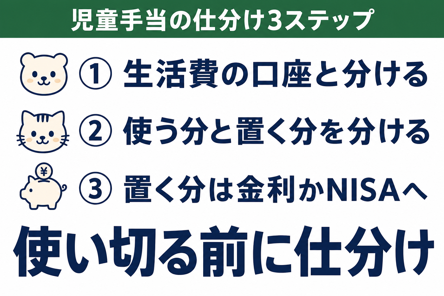 児童手当の仕分けステップ・生活費口座と分ける・使う分と置く分を分ける・置く分は金利かNISAへ