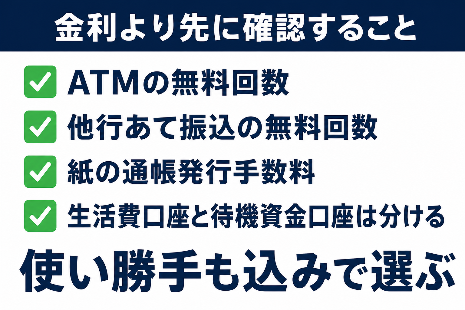 金利だけで選ぶ前に確認すること・ATM無料回数・振込無料回数・紙の通帳発行手数料・生活費口座と待機資金口座は分けて考える