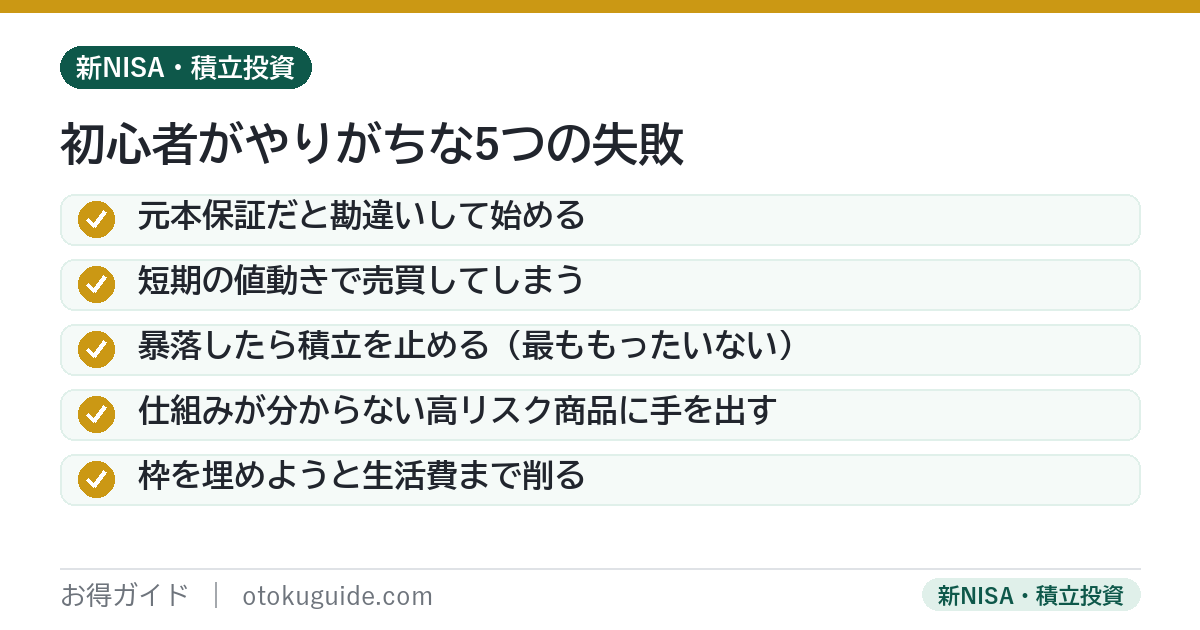 投資初心者がやりがちな5つの失敗 元本保証と勘違い・狼狽売り・暴落で積立停止・高リスク商品・枠の埋めすぎ