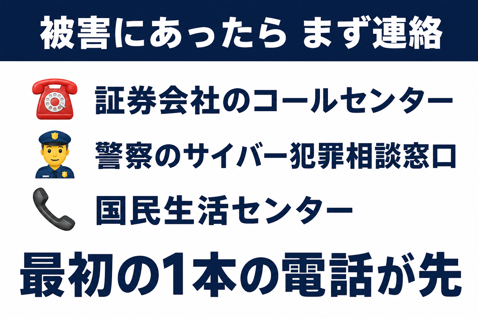 被害にあったときの相談先・証券会社のコールセンターにまず連絡・警察のサイバー犯罪相談窓口・国民生活センター