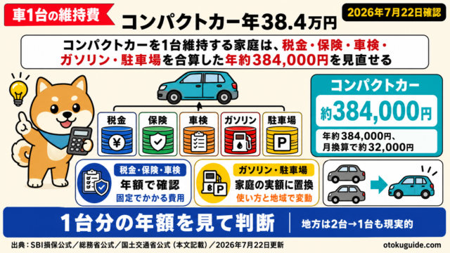 コンパクトカーを1台維持する家庭は、税金・保険・車検・ガソリン・駐車場を合算した年約384,000円を見直せる