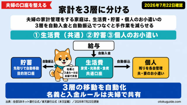 夫婦の家計管理をする家庭は、生活費・貯蓄・個人のお小遣いの3層を自動入金と自動振込でつなぐと手作業を減らせる