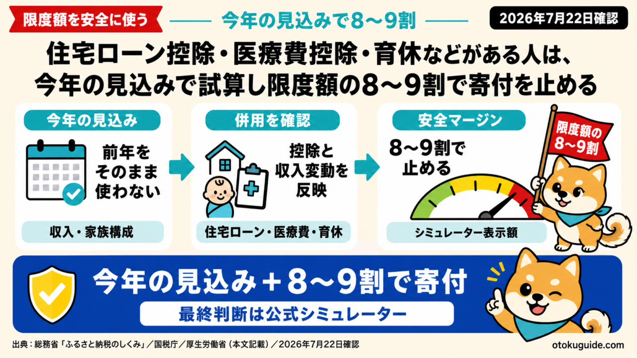 住宅ローン控除・医療費控除・育休などがある人は、今年の見込みで試算し限度額の8〜9割で寄付を止める