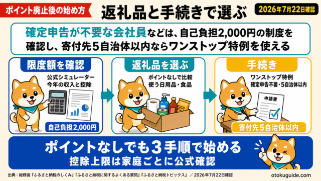 確定申告が不要な会社員などは、自己負担2,000円の制度を確認し、寄付先5自治体以内ならワンストップ特例を使える