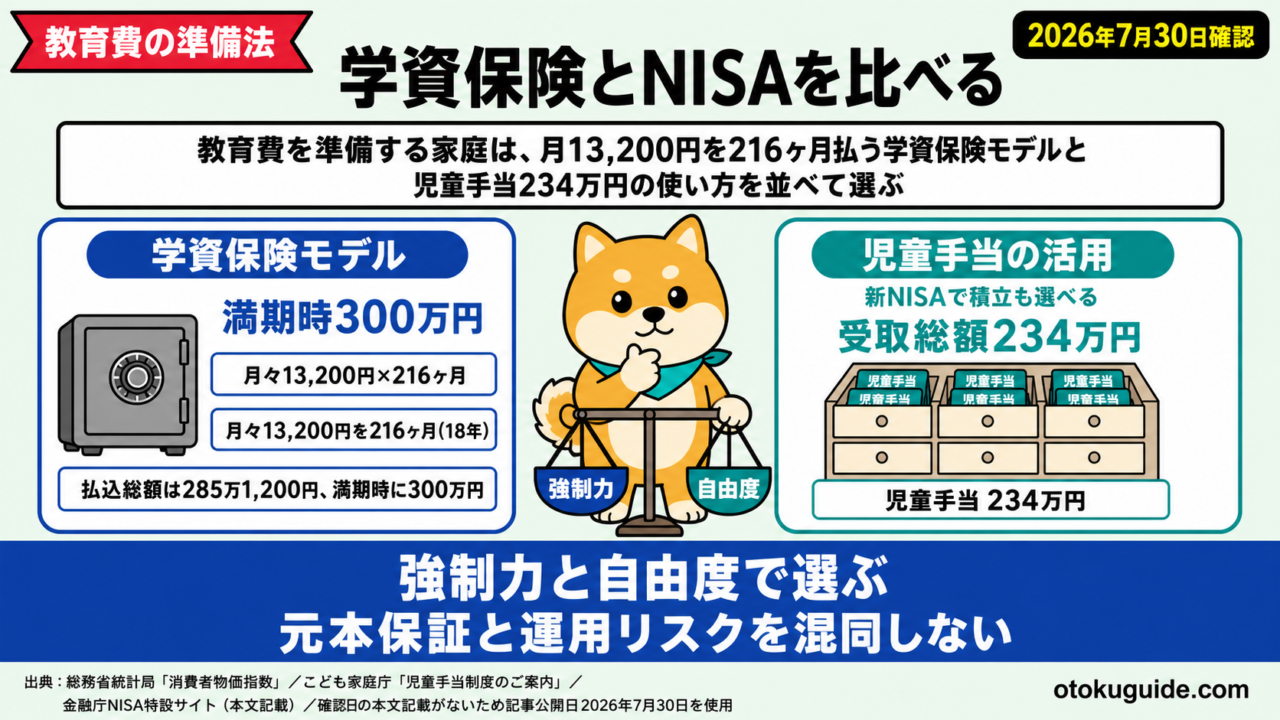 教育費を準備する家庭は、月13,200円を216ヶ月払う学資保険モデルと児童手当234万円の使い方を並べて選ぶ