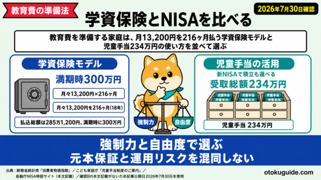 教育費を準備する家庭は、月13,200円を216ヶ月払う学資保険モデルと児童手当234万円の使い方を並べて選ぶ
