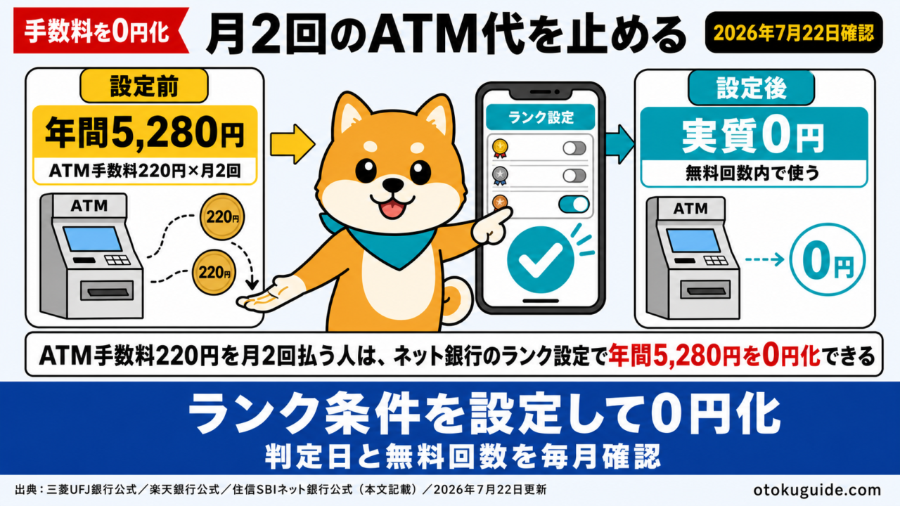 ATM手数料220円を月2回払う人は、ネット銀行のランク設定で年間5,280円を0円化できる