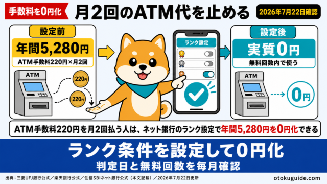 ATM手数料220円を月2回払う人は、ネット銀行のランク設定で年間5,280円を0円化できる