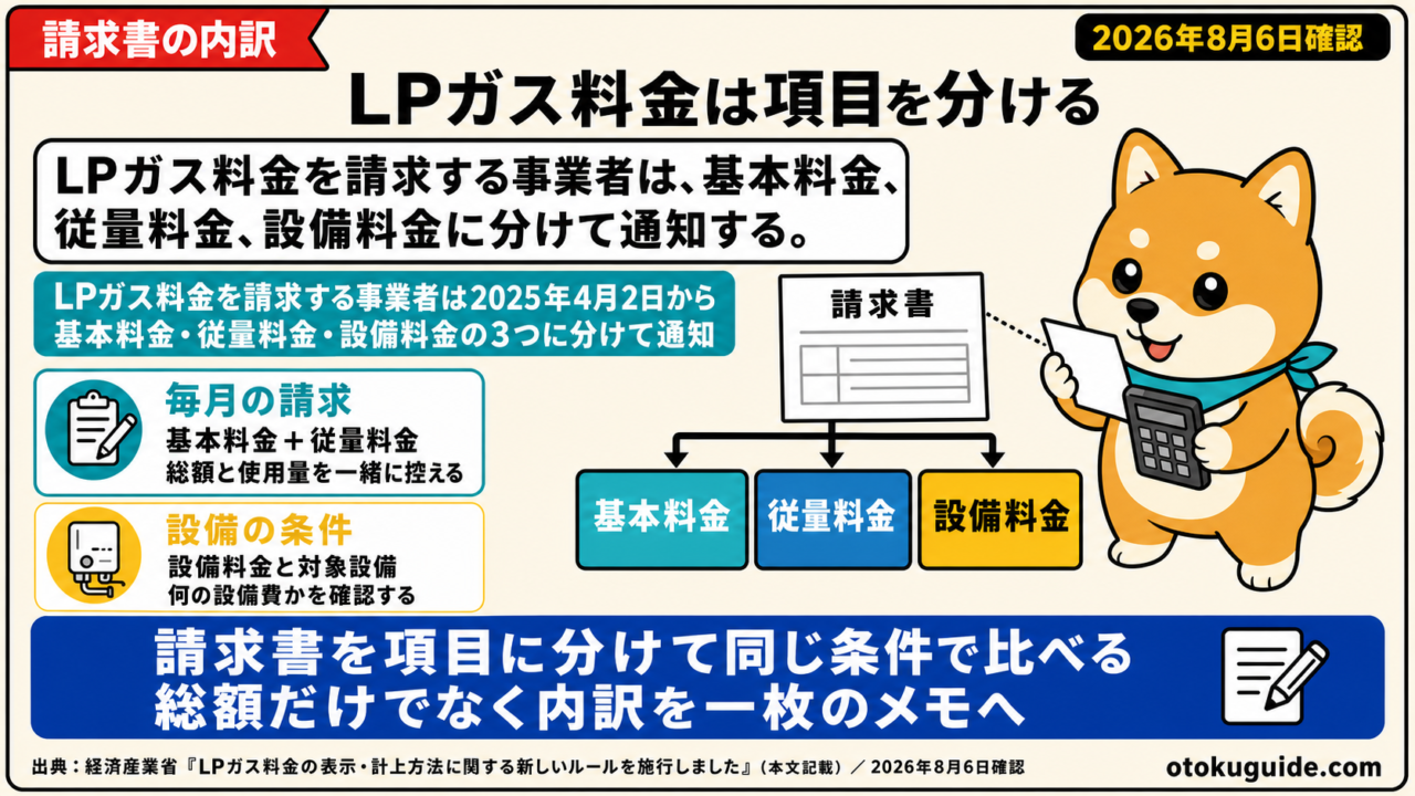 LPガス料金を請求する事業者は、基本料金、従量料金、設備料金に分けて通知する。