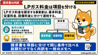 LPガス料金を請求する事業者は、基本料金、従量料金、設備料金に分けて通知する。