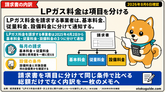 LPガス料金を請求する事業者は、基本料金、従量料金、設備料金に分けて通知する。