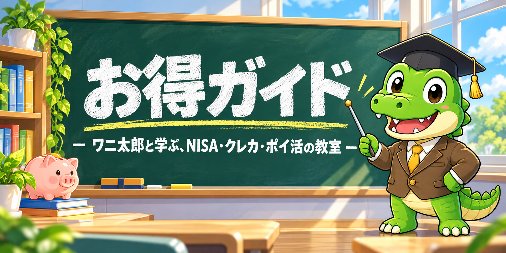 お得ガイド ワニ太郎と学ぶ、NISA・クレカ・ポイ活の教室