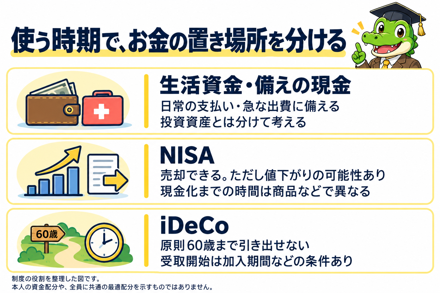 生活資金・備えの現金、NISA、iDeCoを使う時期で分ける比較図