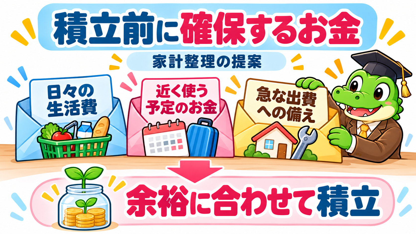 日々の生活費、近く使う予定のお金、急な出費への備えを確保し、余裕に合わせて積立額を考える。